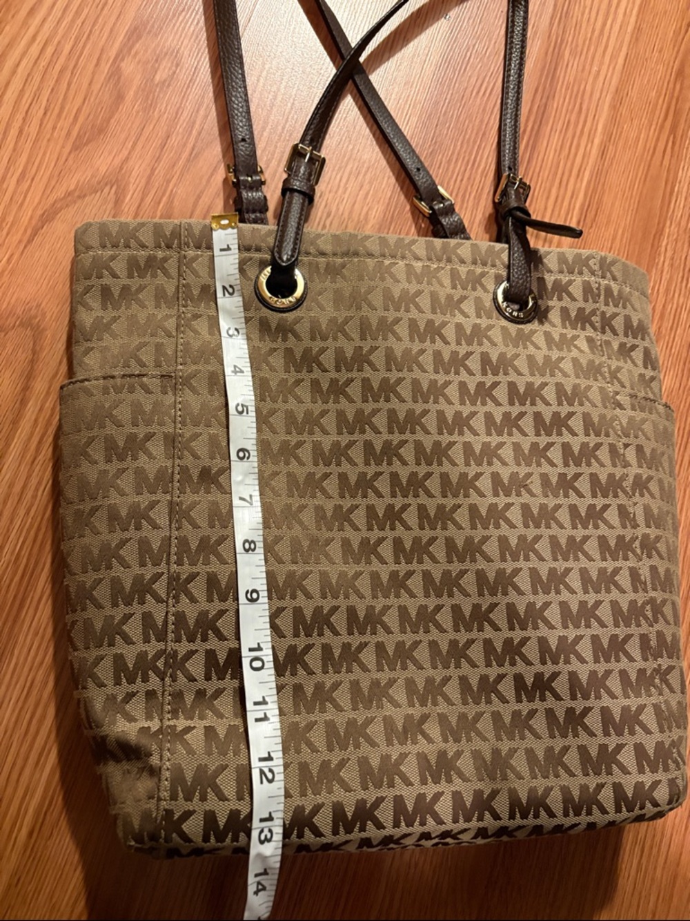 Michael Kors MK Signature Tan and Brown Tote With Buckle Detail Straps - Picture 8 of 8